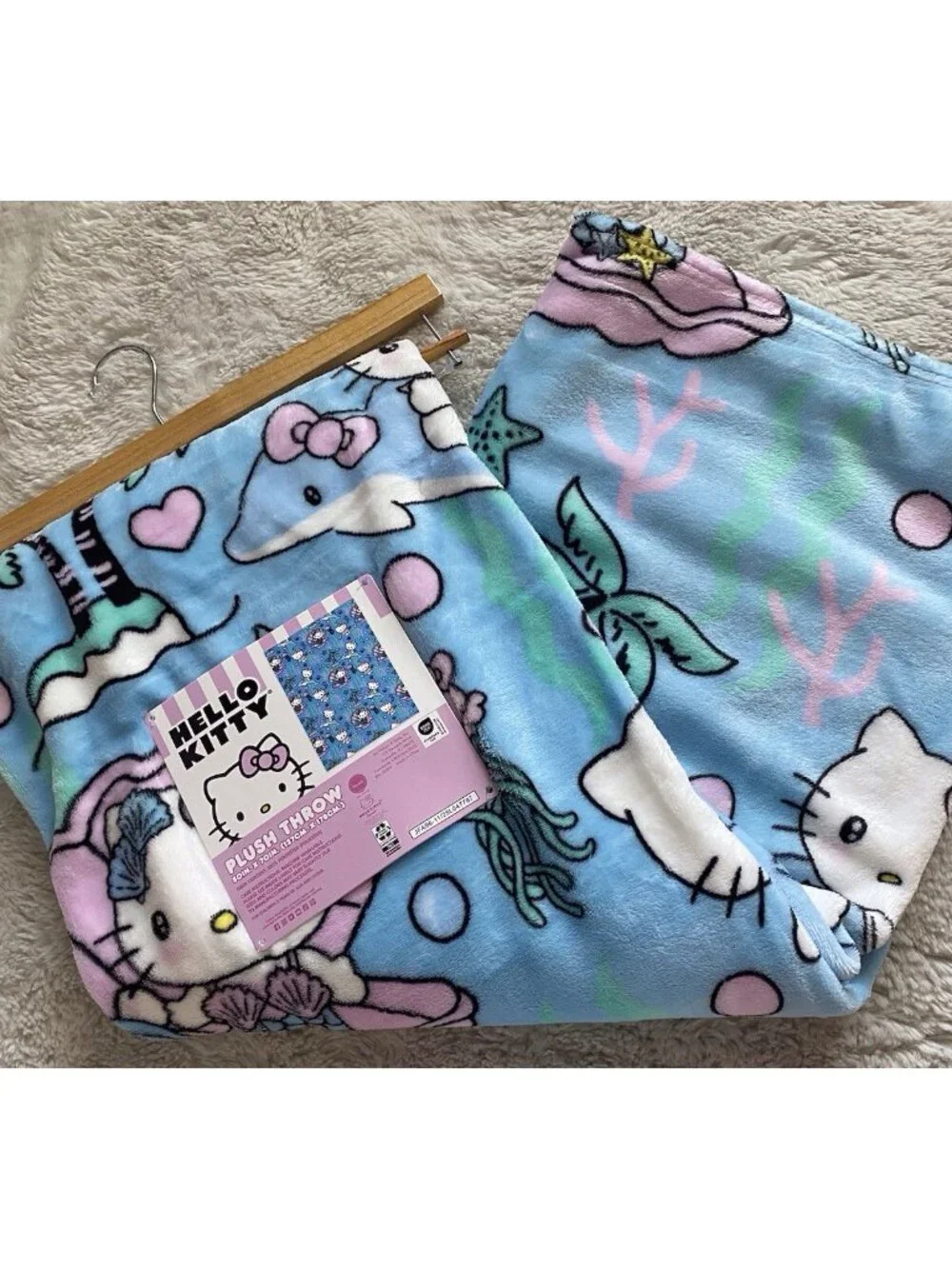 Hello Kitty Mermaid Dolphin Jellyfish Soft Throw Blanket Blue Pink 50” X 70” NEW